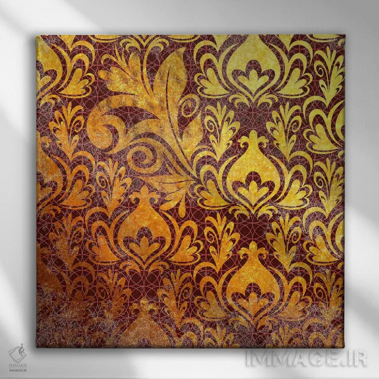 تابلو قطعه نامنسجم طلایی با نقشهای زرشکی اثر فایو بای فایو کالکتیو - نمای روبهرو روی دیوار