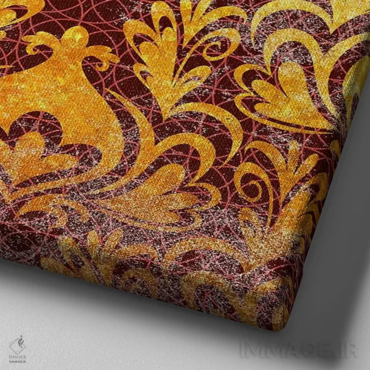 تابلو قطعه نامنسجم طلایی با نقشهای زرشکی اثر فایو بای فایو کالکتیو - نمای نزدیک بافت بوم