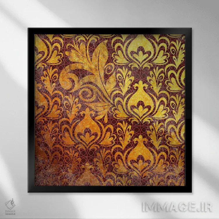 تابلو قطعه نامنسجم طلایی با نقشهای زرشکی اثر فایو بای فایو کالکتیو - نمای قابدار مشکی