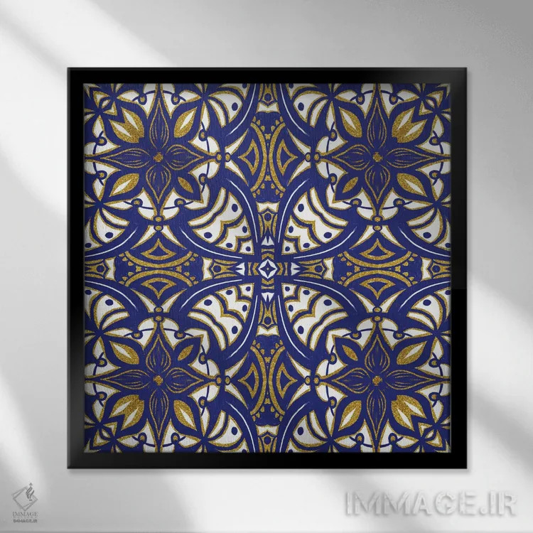 تابلو کاشی آبی طلایی قدیمی اثر آندریا هازه - نمای قابدار مشکی