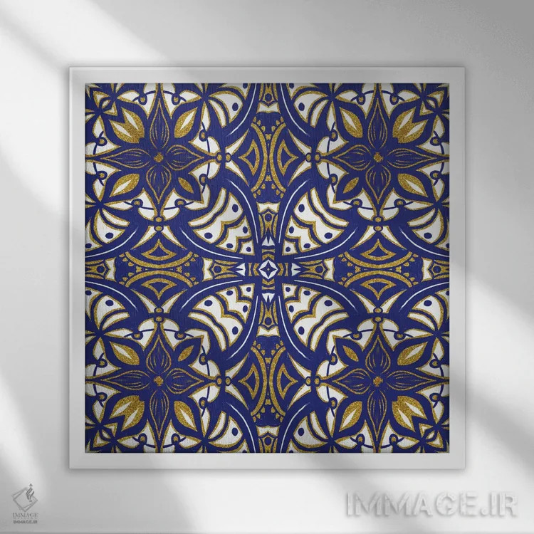 تابلو کاشی آبی طلایی قدیمی اثر آندریا هازه - نمای قابدار سفید