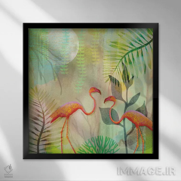 تابلو بهشت جادویی فلامینگوها اثر آندریا هازه - نمای قابدار مشکی