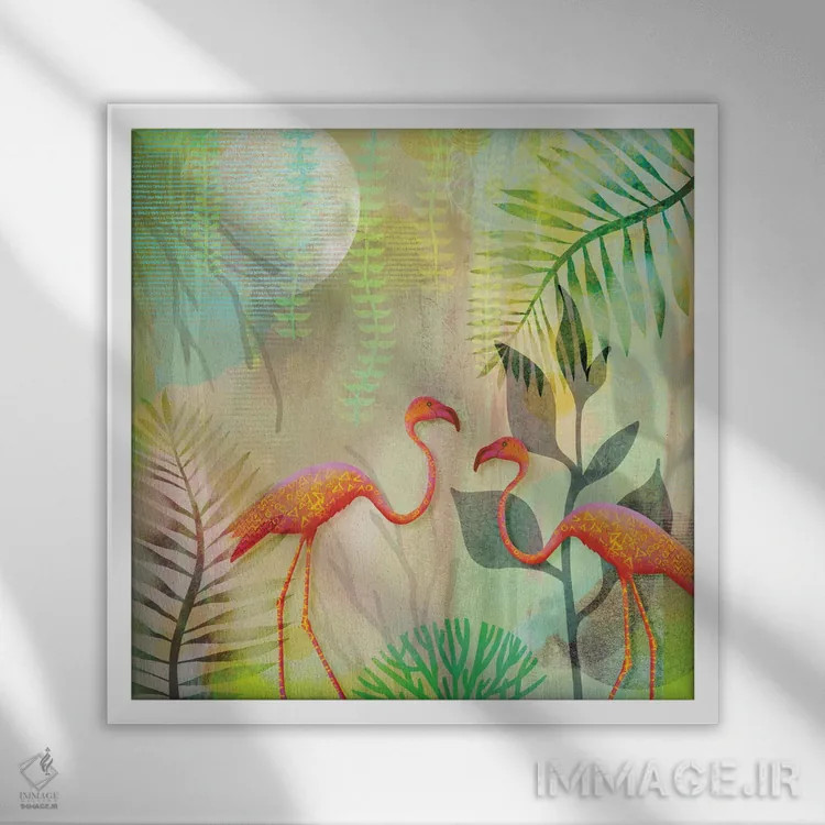 تابلو بهشت جادویی فلامینگوها اثر آندریا هازه - نمای قابدار سفید