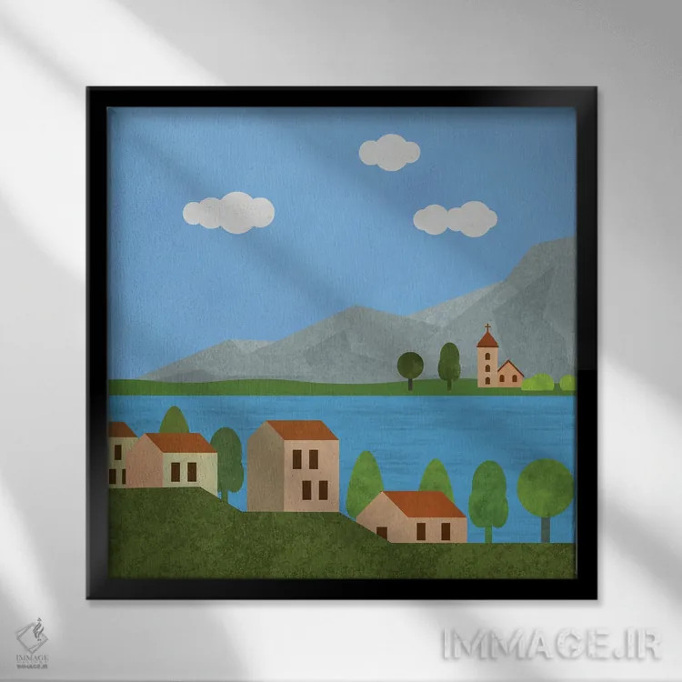 تابلو روستای دریاچهای ایتالیا اثر آندریا هازه - نمای قابدار مشکی