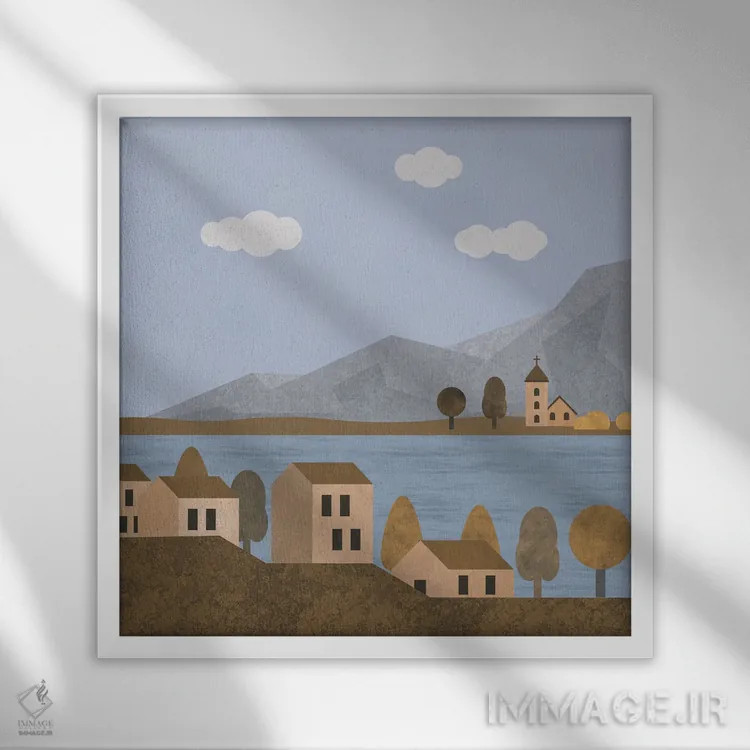 تابلو روستای دریاچهای ایتالیا اثر آندریا هازه - نمای قابدار سفید