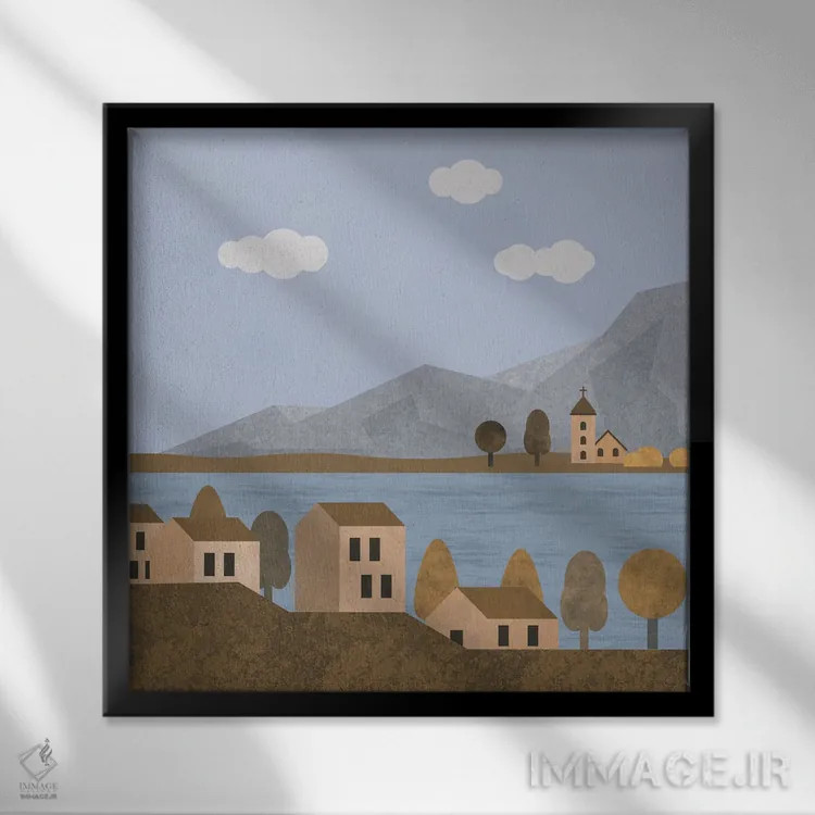 تابلو روستای دریاچهای ایتالیا اثر آندریا هازه - نمای قابدار مشکی