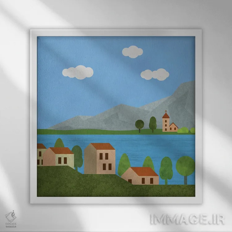 تابلو روستای دریاچهای ایتالیا اثر آندریا هازه - نمای قابدار سفید