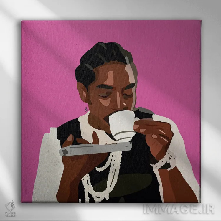 تابلو چای نوشیدن (احتمالاً با اشاره به گپ و شایعه) اثر آرتپِیسیئی - نمای روبهرو روی دیوار