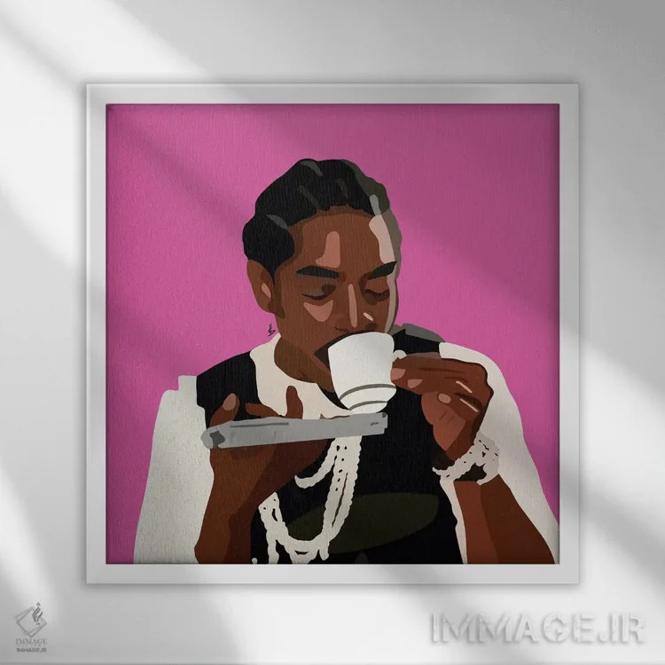 تابلو چای نوشیدن (احتمالاً با اشاره به گپ و شایعه) اثر آرتپِیسیئی - نمای قابدار سفید