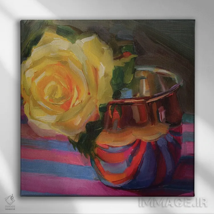 تابلو رز با ماگ مسی اثر هالی استورلی - نمای روبهرو روی دیوار