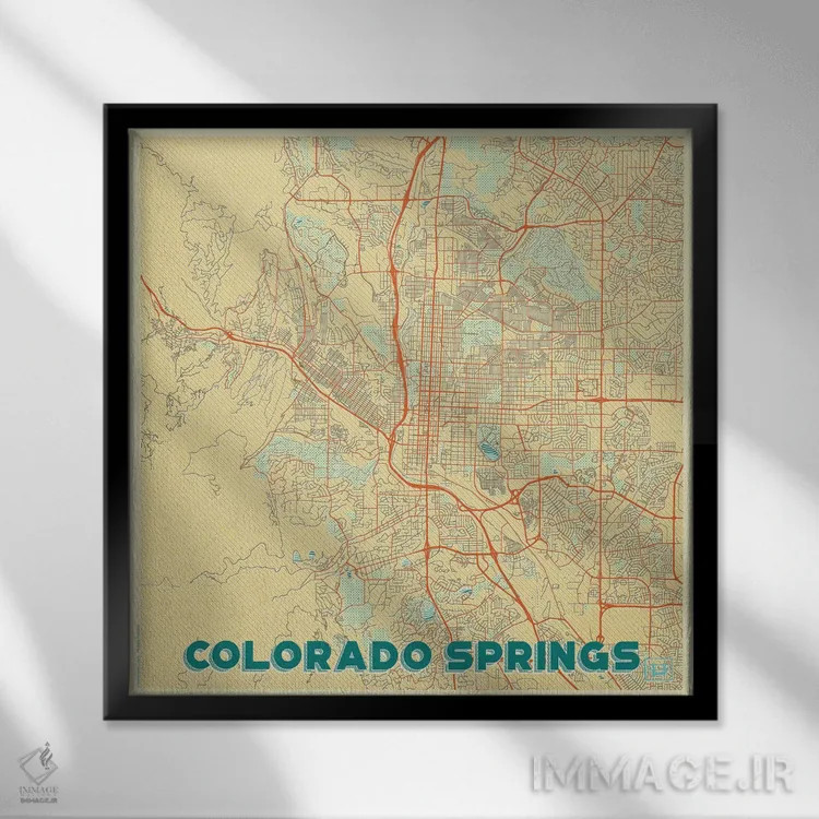 تابلو نقشه شهری رترو کلرادو اسپرینگز اثر هوبرت روگوسکی - نمای قابدار مشکی