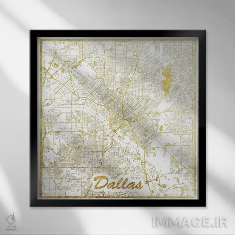 تابلو نقشه شهری دالاس با ورق طلا اثر هوبرت روگوسکی - نمای قابدار مشکی