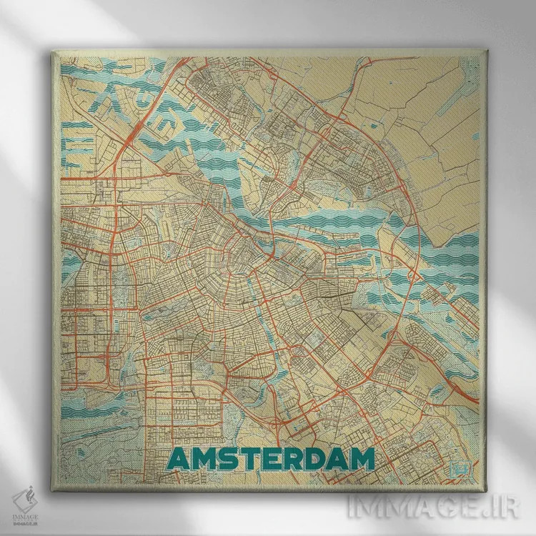 تابلو نقشه شهری رترو آمستردام اثر هوبرت روگوسکی - نمای روبهرو روی دیوار