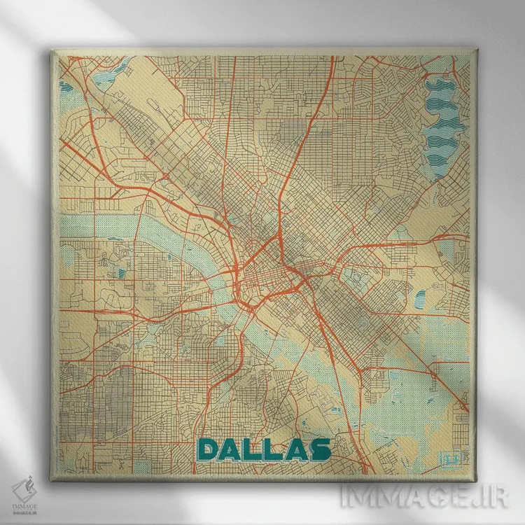 تابلو نقشه شهری رترو دالاس اثر هوبرت روگوسکی - نمای روبهرو روی دیوار