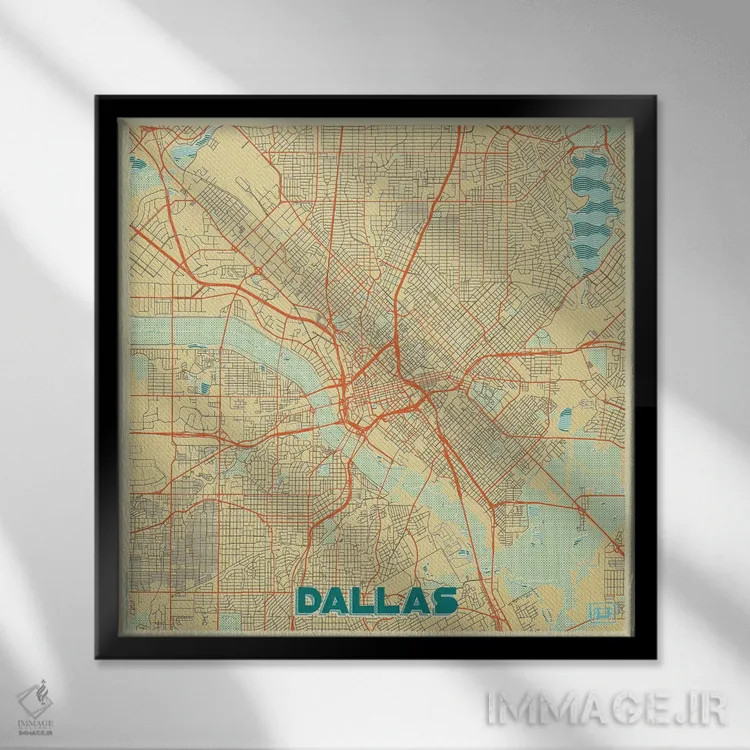 تابلو نقشه شهری رترو دالاس اثر هوبرت روگوسکی - نمای قابدار مشکی