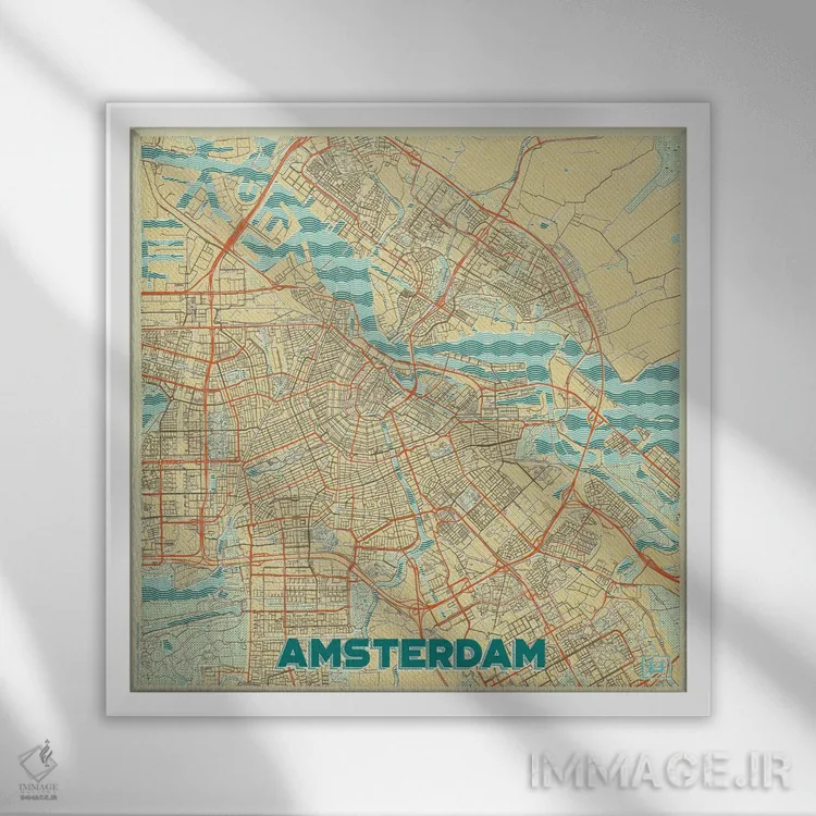 تابلو نقشه شهری رترو آمستردام اثر هوبرت روگوسکی - نمای قابدار سفید