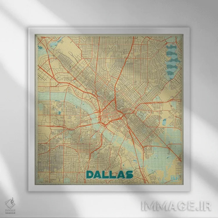 تابلو نقشه شهری رترو دالاس اثر هوبرت روگوسکی - نمای قابدار سفید