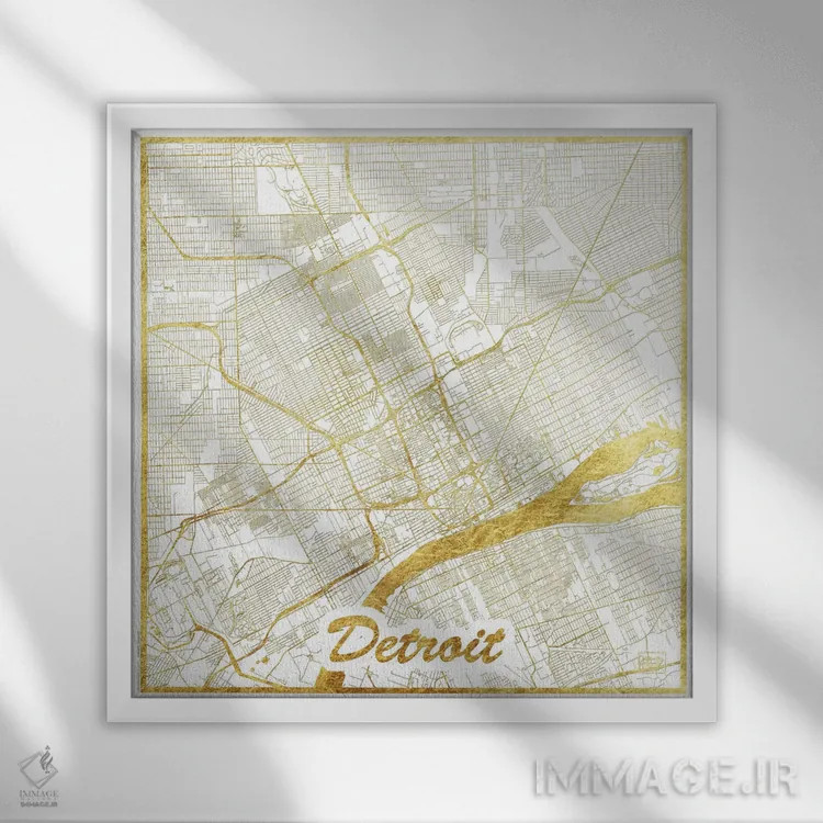 تابلو نقشه شهری دیترویت با ورق طلا اثر هوبرت روگوسکی - نمای قابدار سفید