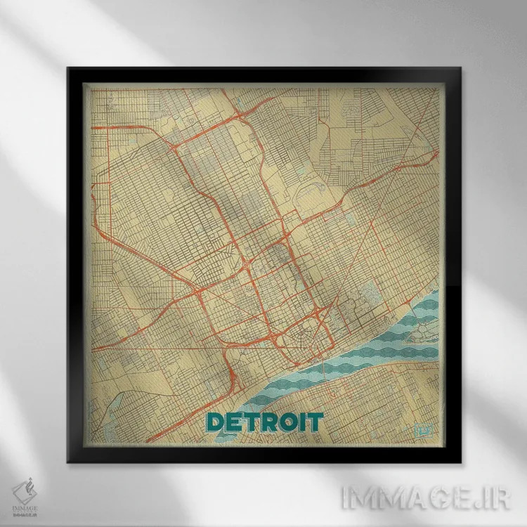 تابلو نقشه شهری رترو دیترویت اثر هوبرت روگوسکی - نمای قابدار مشکی