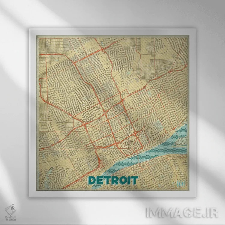 تابلو نقشه شهری رترو دیترویت اثر هوبرت روگوسکی - نمای قابدار سفید