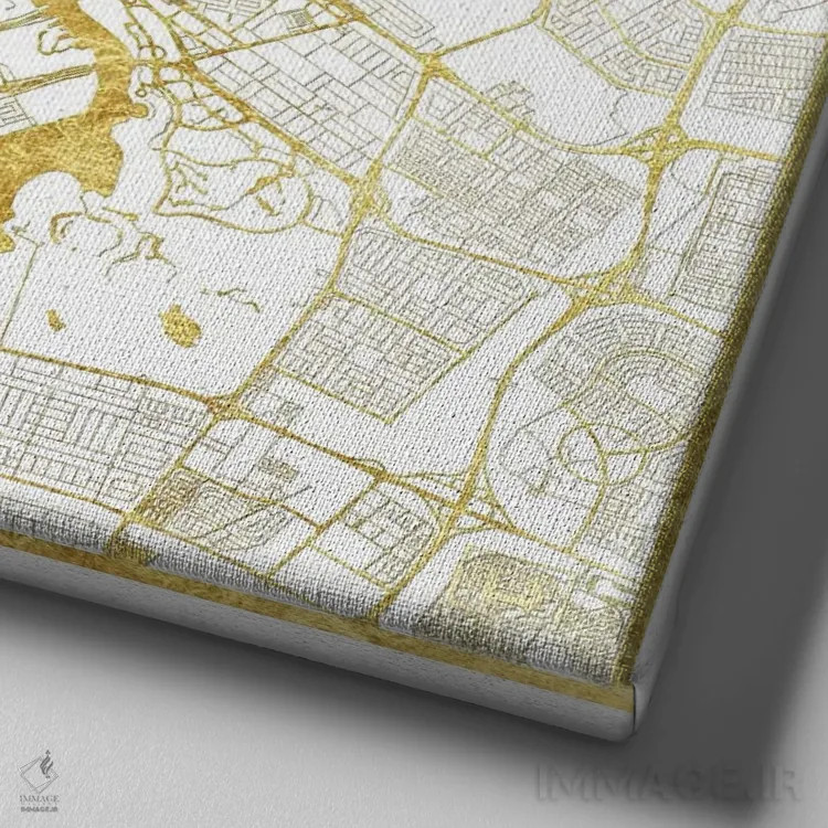 تابلو نقشه شهری دبی با ورق طلا اثر هوبرت روگوسکی - نمای نزدیک بافت بوم