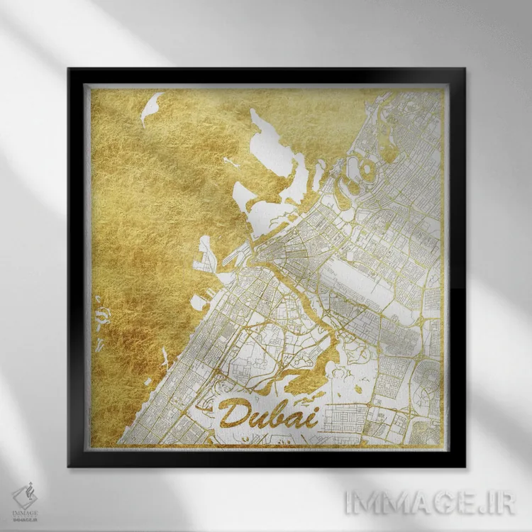 تابلو نقشه شهری دبی با ورق طلا اثر هوبرت روگوسکی - نمای قابدار مشکی