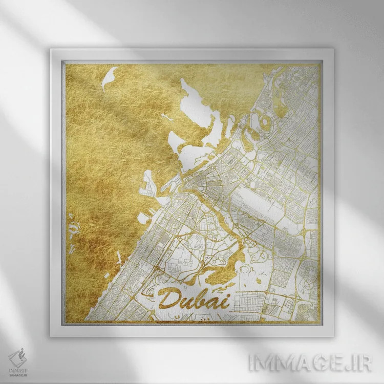 تابلو نقشه شهری دبی با ورق طلا اثر هوبرت روگوسکی - نمای قابدار سفید