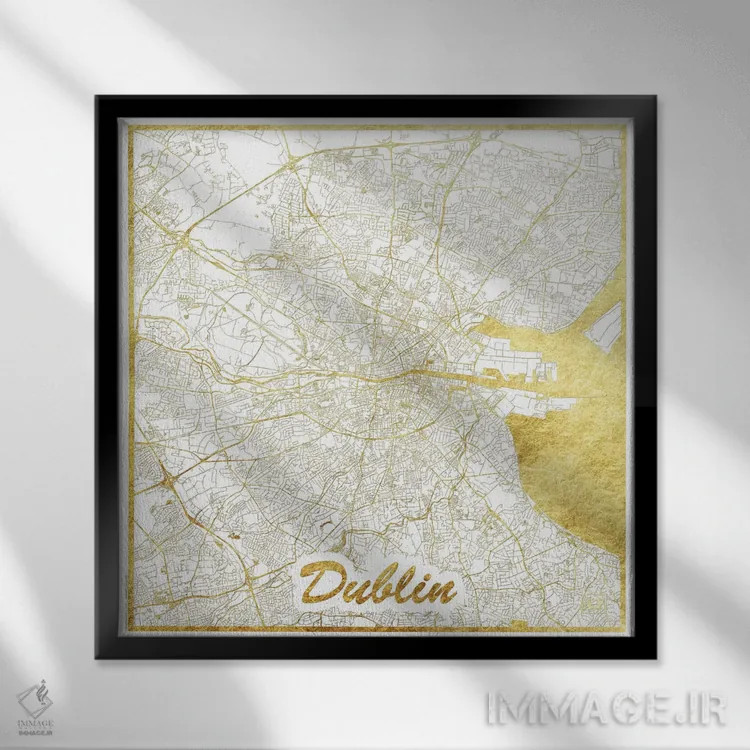 تابلو نقشه شهری دوبلین با ورق طلا اثر هوبرت روگوسکی - نمای قابدار مشکی