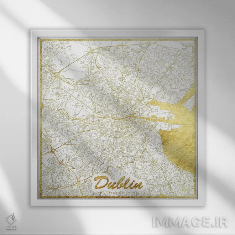 تابلو نقشه شهری دوبلین با ورق طلا اثر هوبرت روگوسکی - نمای قابدار سفید