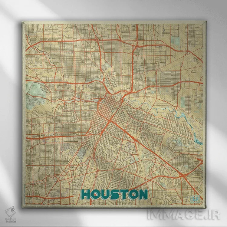 تابلو نقشه شهری هیوستون با طراحی رترو اثر هوبرت روگوسکی - نمای روبهرو روی دیوار