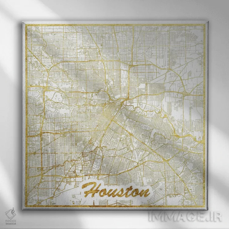 تابلو نقشه شهری هیوستون با ورق طلا اثر هوبرت روگوسکی - نمای روبهرو روی دیوار