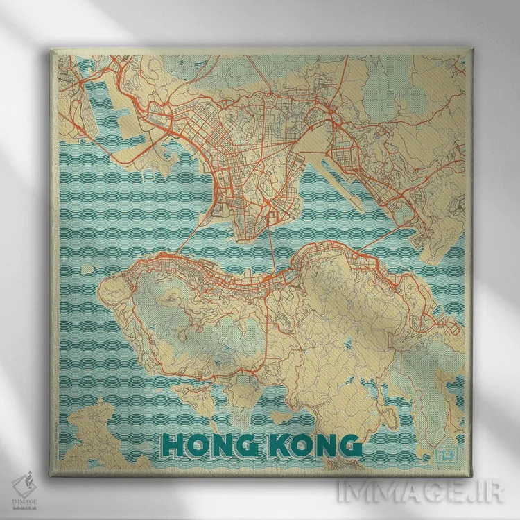 تابلو نقشه شهری هنگ کنگ با طراحی رترو اثر هوبرت روگوسکی - نمای روبهرو روی دیوار