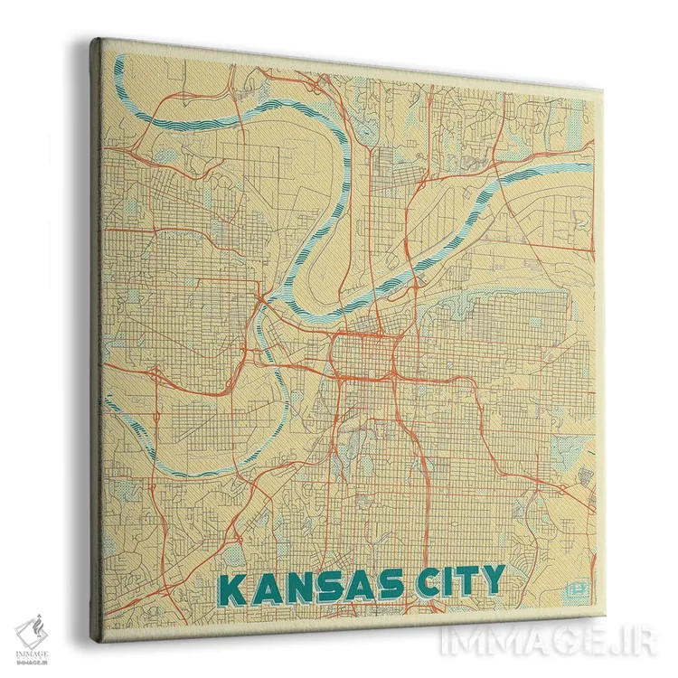 تابلو نقشه شهری کانزاس سیتی با طراحی رترو اثر هوبرت روگوسکی - نمای پرسپکتیو محصول