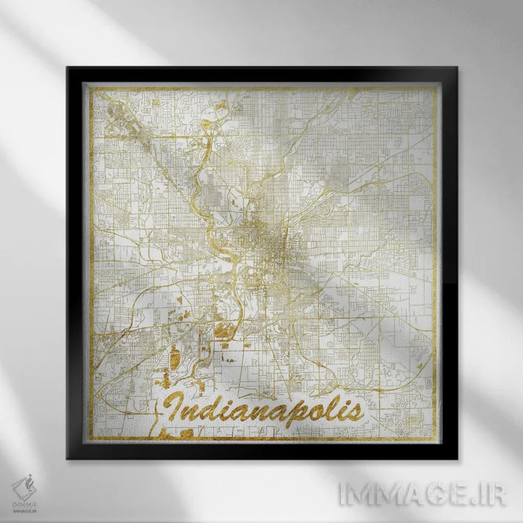 تابلو نقشه شهری ایندیاناپلیس با ورق طلا اثر هوبرت روگوسکی - نمای قابدار مشکی