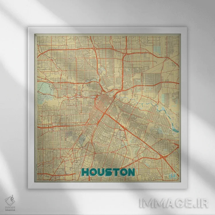 تابلو نقشه شهری هیوستون با طراحی رترو اثر هوبرت روگوسکی - نمای قابدار سفید