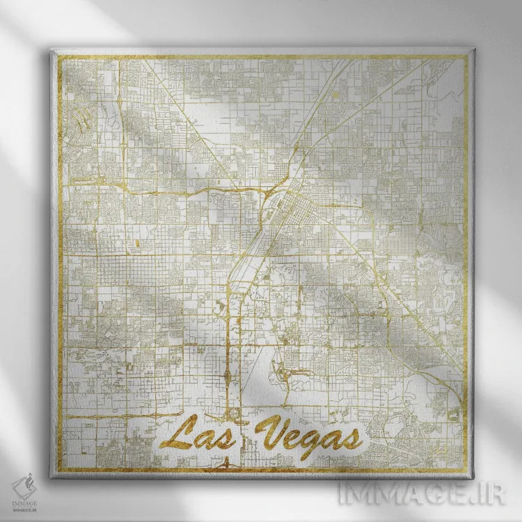 تابلو نقشه شهری لاس وگاس با ورق طلا اثر هوبرت روگوسکی - نمای روبهرو روی دیوار