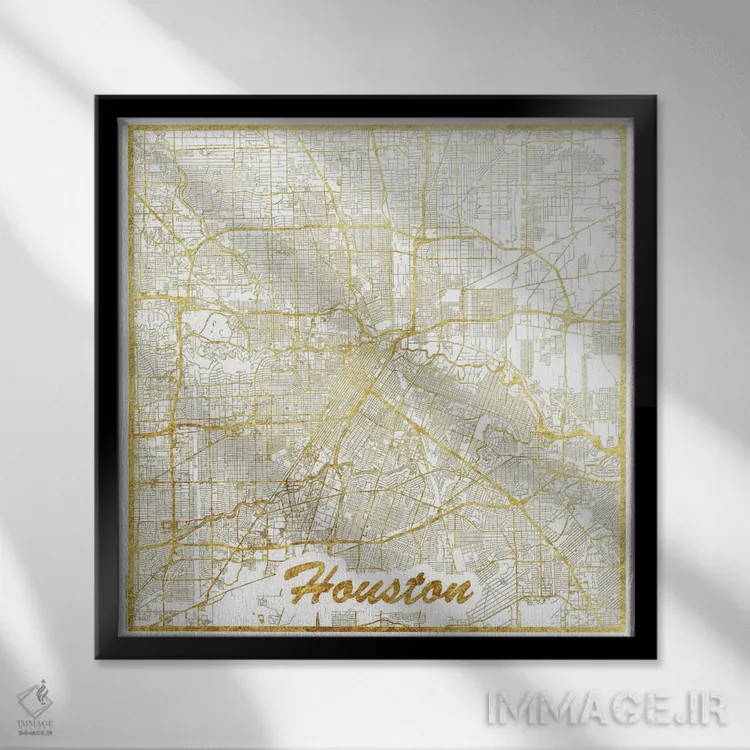 تابلو نقشه شهری هیوستون با ورق طلا اثر هوبرت روگوسکی - نمای قابدار مشکی