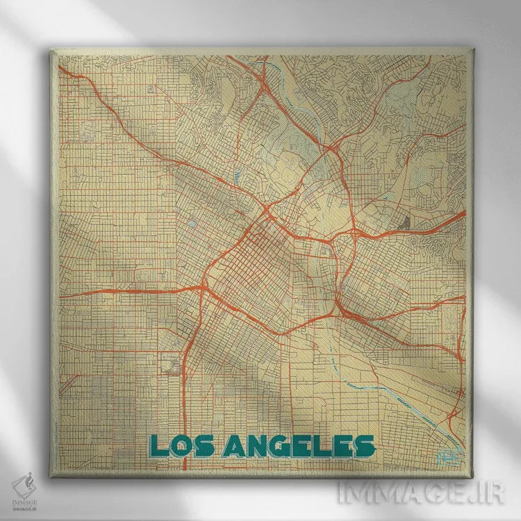 تابلو نقشه شهری لس آنجلس با طراحی رترو اثر هوبرت روگوسکی - نمای روبهرو روی دیوار