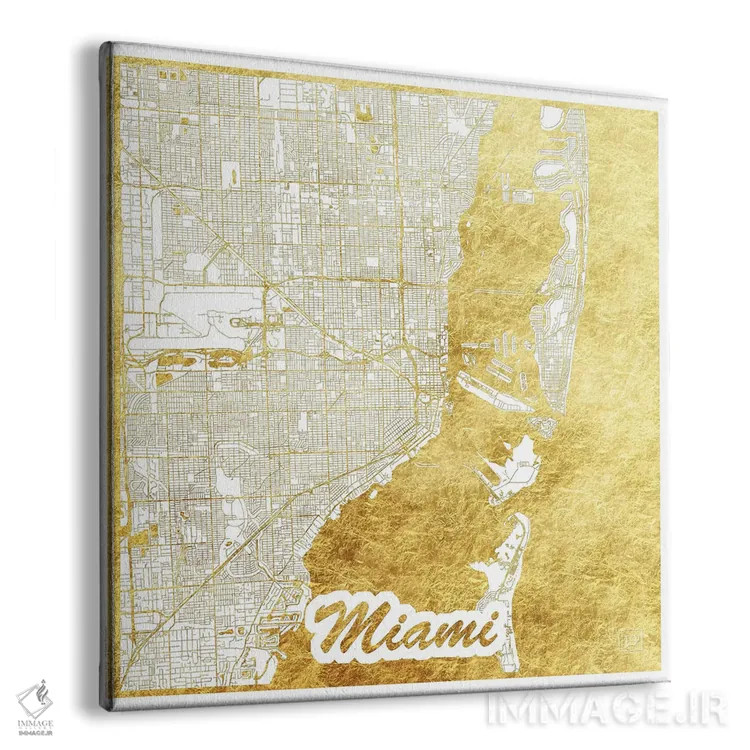 تابلو نقشه شهری میامی با ورق طلا اثر هوبرت روگوسکی - نمای پرسپکتیو محصول