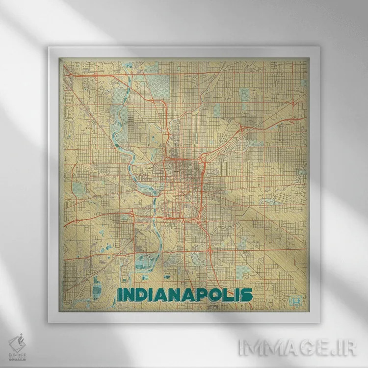 تابلو نقشه شهری ایندیاناپلیس با طراحی رترو اثر هوبرت روگوسکی - نمای قابدار سفید