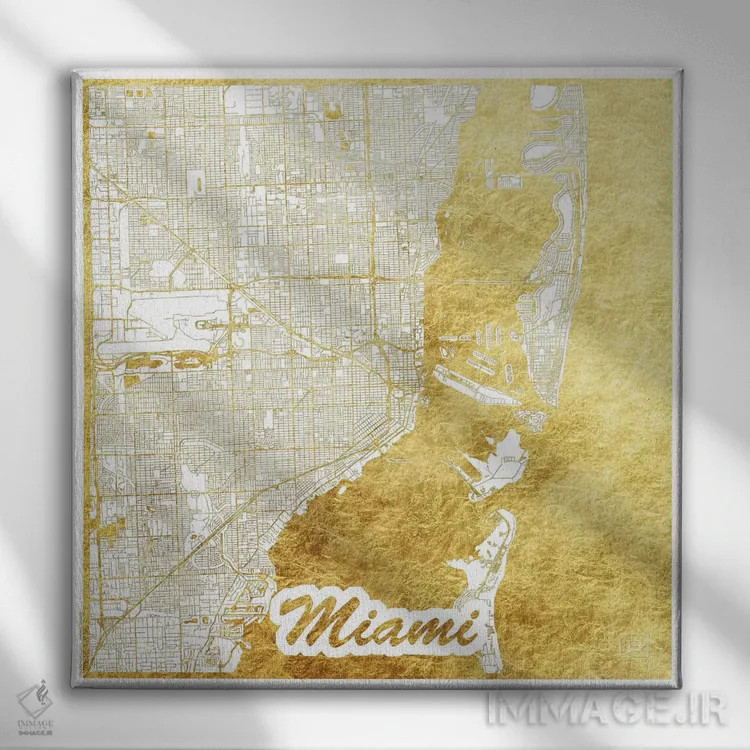 تابلو نقشه شهری میامی با ورق طلا اثر هوبرت روگوسکی - نمای روبهرو روی دیوار