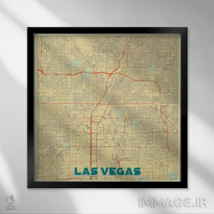 تابلو نقشه شهری لاس وگاس با طراحی رترو اثر هوبرت روگوسکی - نمای قابدار مشکی