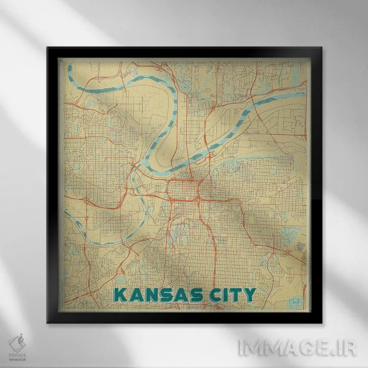 تابلو نقشه شهری کانزاس سیتی با طراحی رترو اثر هوبرت روگوسکی - نمای قابدار مشکی