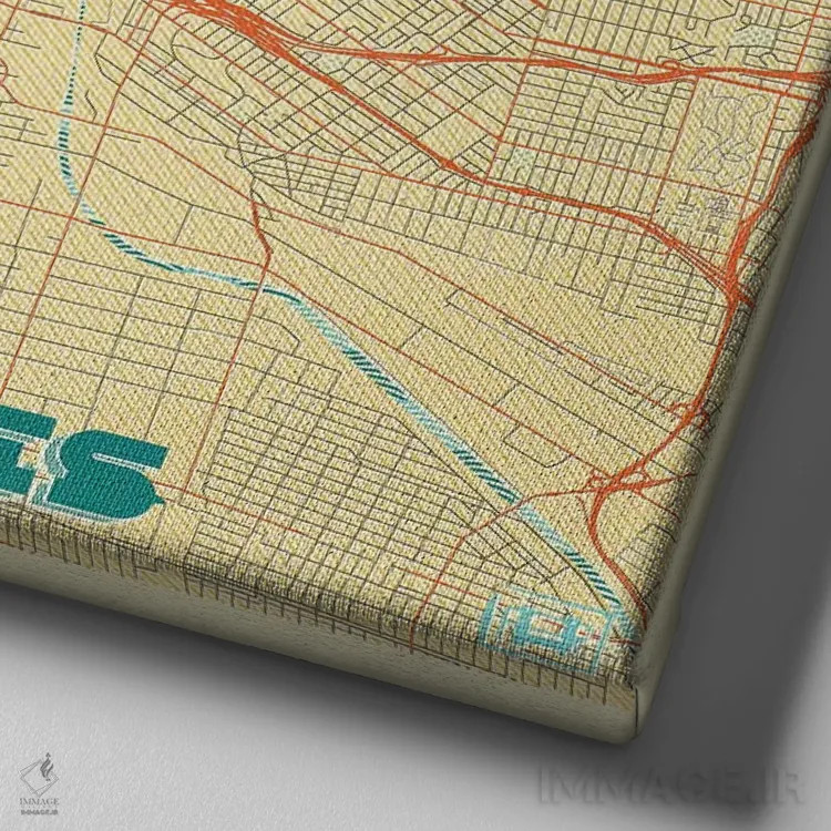 تابلو نقشه شهری لس آنجلس با طراحی رترو اثر هوبرت روگوسکی - نمای نزدیک بافت بوم
