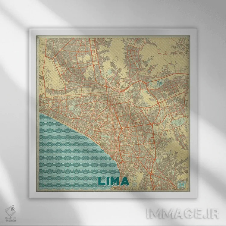 تابلو نقشه شهری لیما با طراحی رترو اثر هوبرت روگوسکی - نمای قابدار سفید