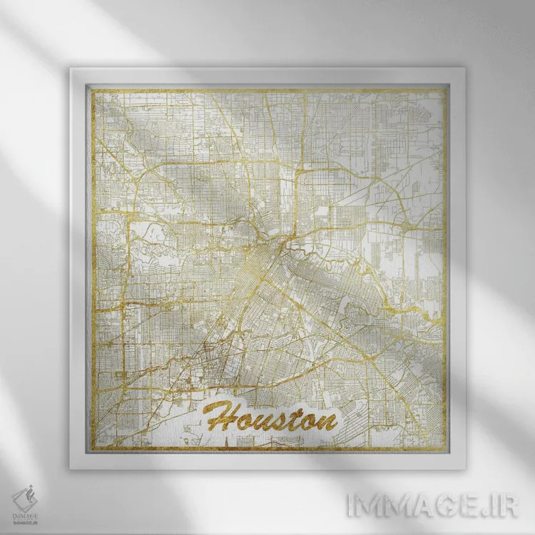 تابلو نقشه شهری هیوستون با ورق طلا اثر هوبرت روگوسکی - نمای قابدار سفید