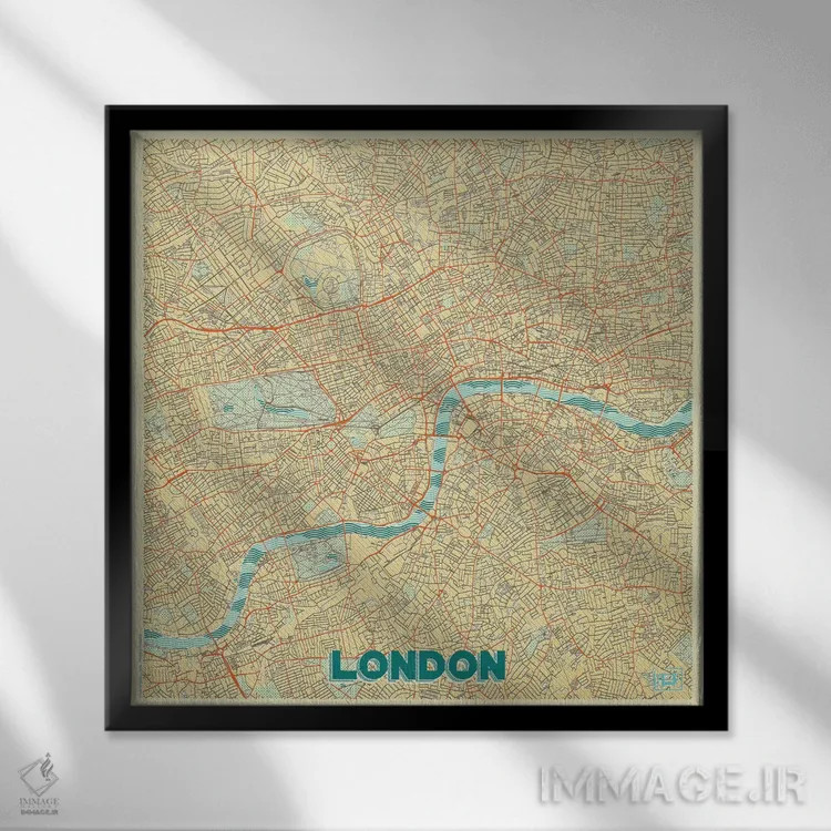 تابلو نقشه شهری لندن با طراحی رترو اثر هوبرت روگوسکی - نمای قابدار مشکی