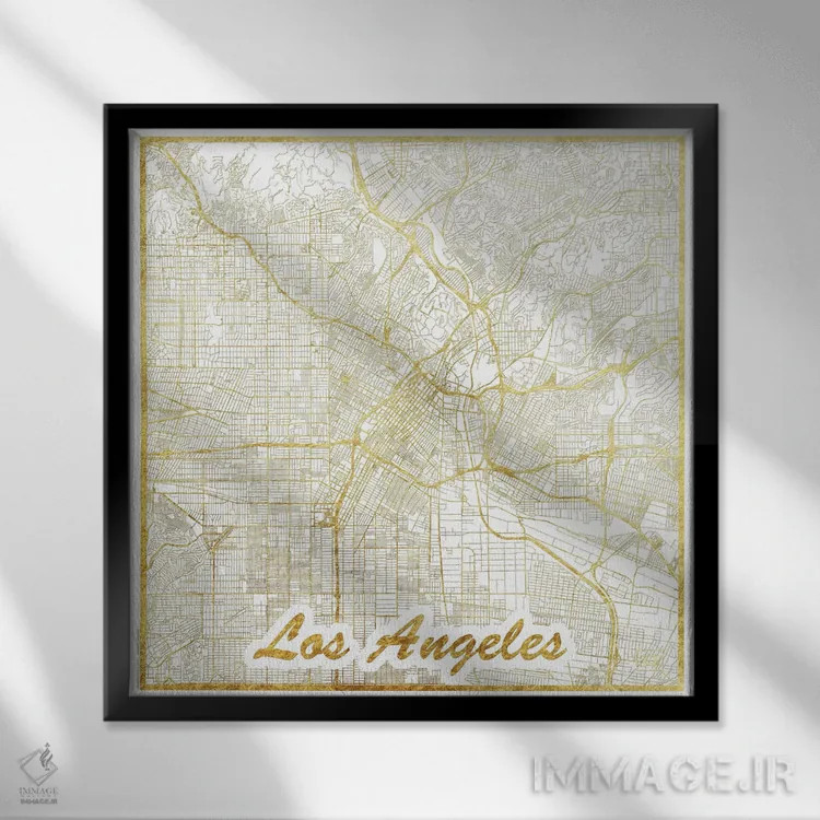تابلو نقشه شهری لس آنجلس با ورق طلا اثر هوبرت روگوسکی - نمای قابدار مشکی