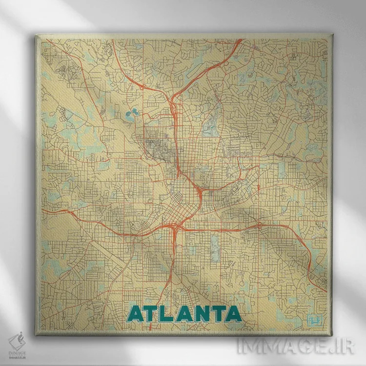 تابلو نقشه شهری آتلانتا با طراحی رترو اثر هوبرت روگوسکی - نمای روبهرو روی دیوار