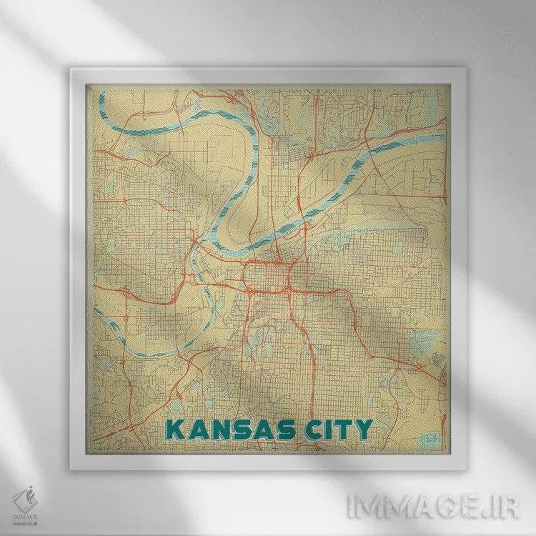 تابلو نقشه شهری کانزاس سیتی با طراحی رترو اثر هوبرت روگوسکی - نمای قابدار سفید